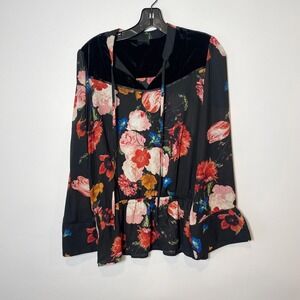Worthington Womens Floral Velvet Trim Tunic Blouse Black L Drop Waist Tie Neck